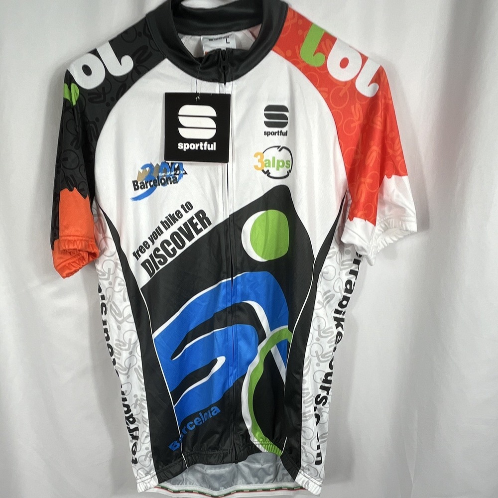 Sportful Cycling Jersey White/Black/Red‎ Graphics Size Large Full Zip w/Pockets